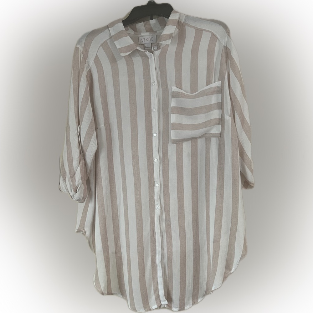 VIXBE Striped Tie Front Button Up Shirt Large Roll Tab Sleeves Dusty Rose Pink